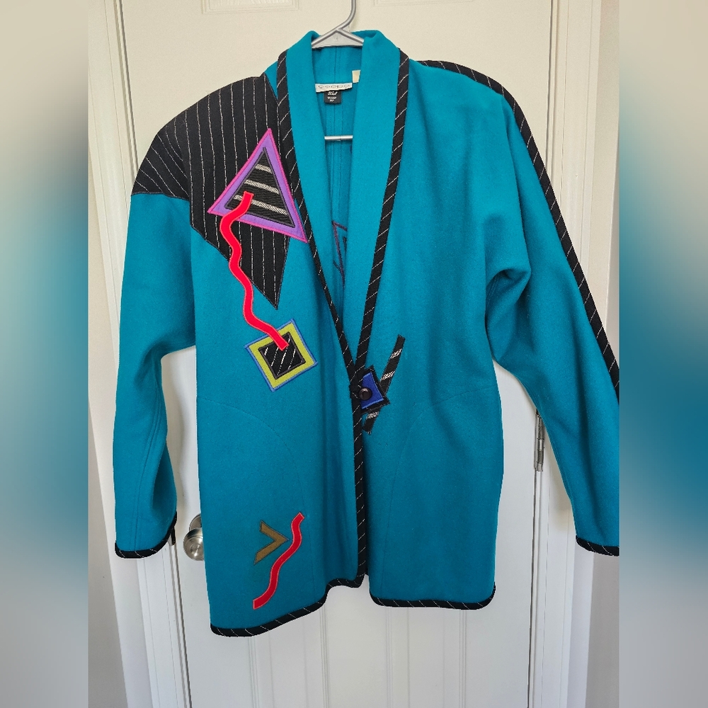 Vintage 80s BEPPA Art To Wear Womens Long Wool Coat Colorful Appliqué Sz Medium